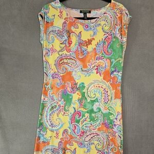 Lauren Ralph Lauren Paisley Colorful Shift Dress Midi Stretch Cap Sleeve Medium